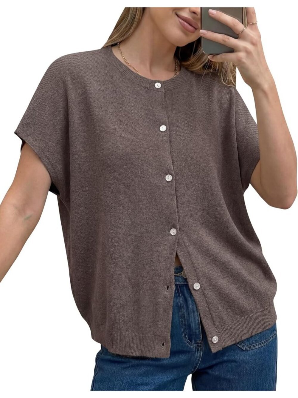 Women's Coffee Short Sleeve Wool Blend Oversized Imported Casual Sweater Top